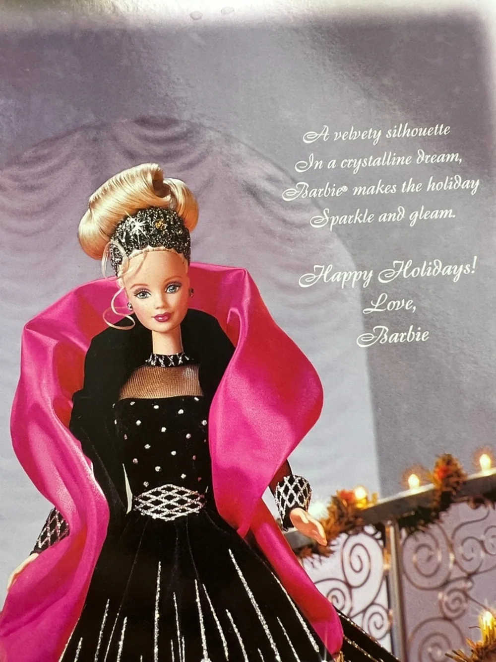 💃1998 Happy Holidays Special Edition Barbie Doll by Mattel Black & Hot Pink - Picture 10 of 17